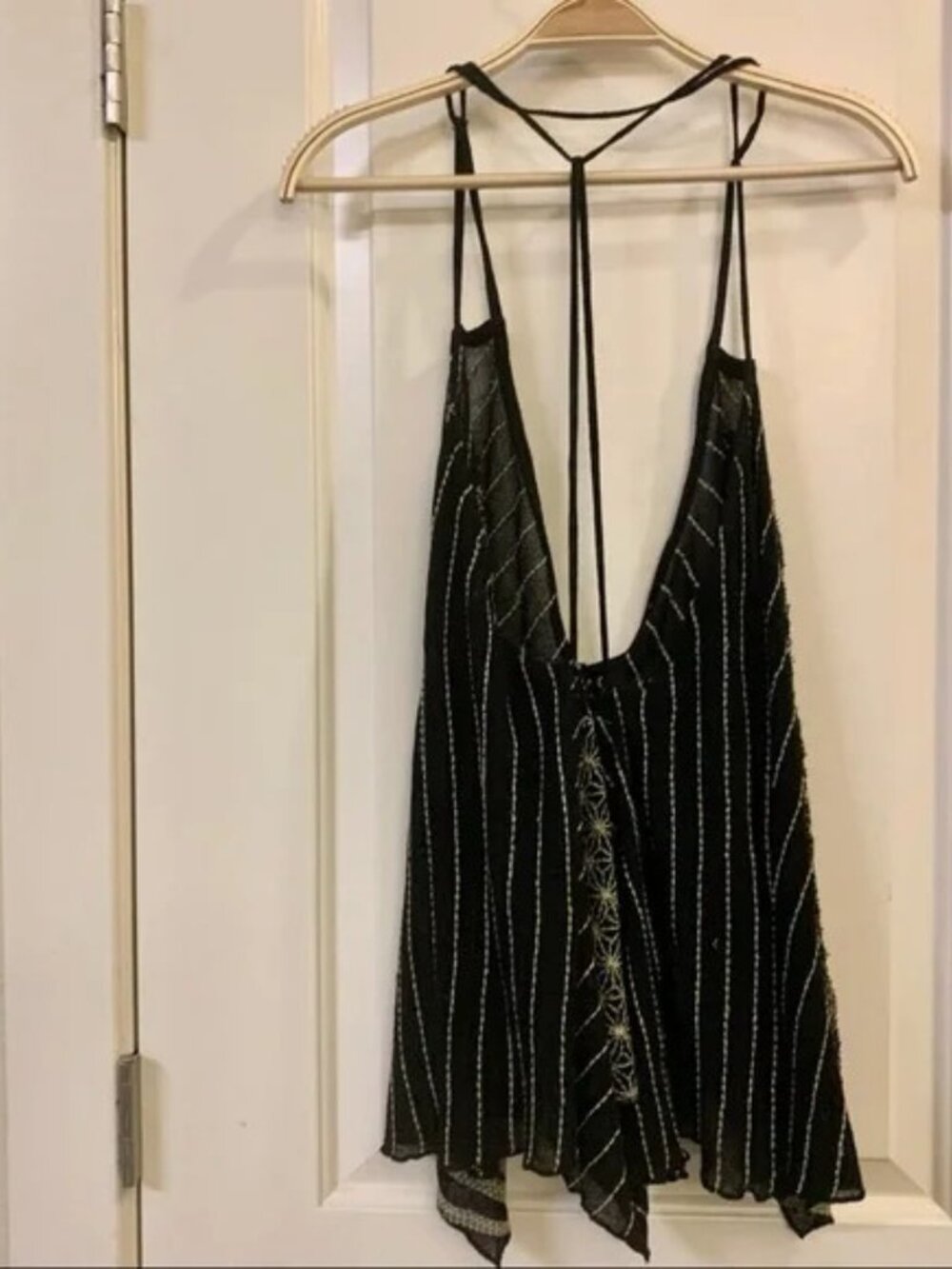 [RESERVED] FP Black Deep-V Neck Mesh Embroidered Strappy Back Layering Cami Top - Picture 8 of 16